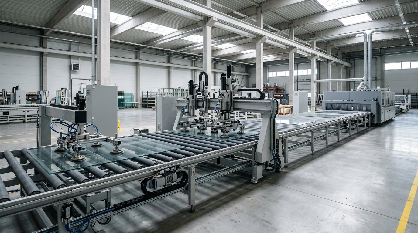 Industrial glass-processing machine close-up