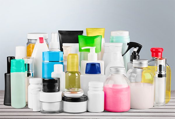 Assortment of plastic packaging containers and bottles
