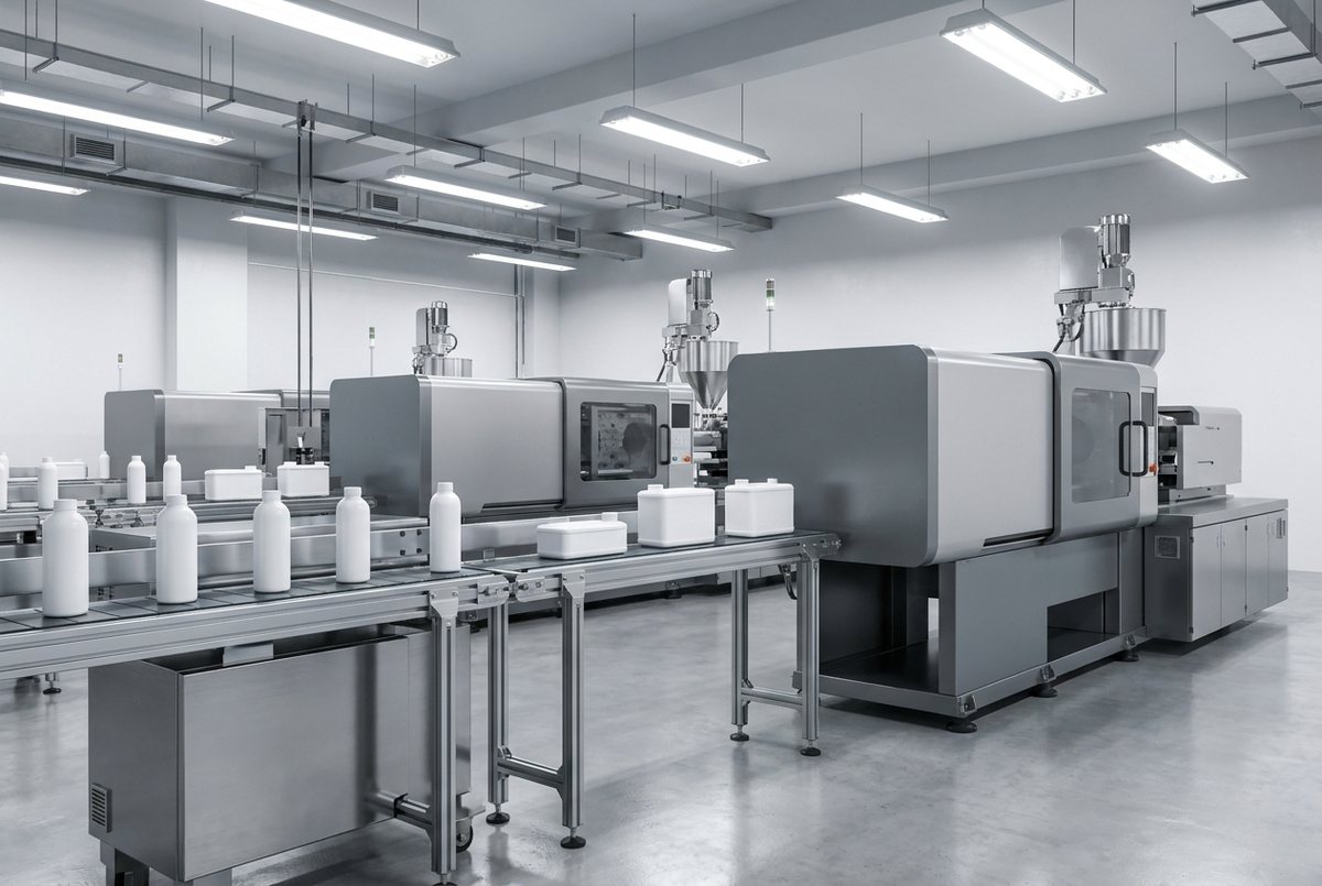 Plastics factory injection-moulding line producing white containers