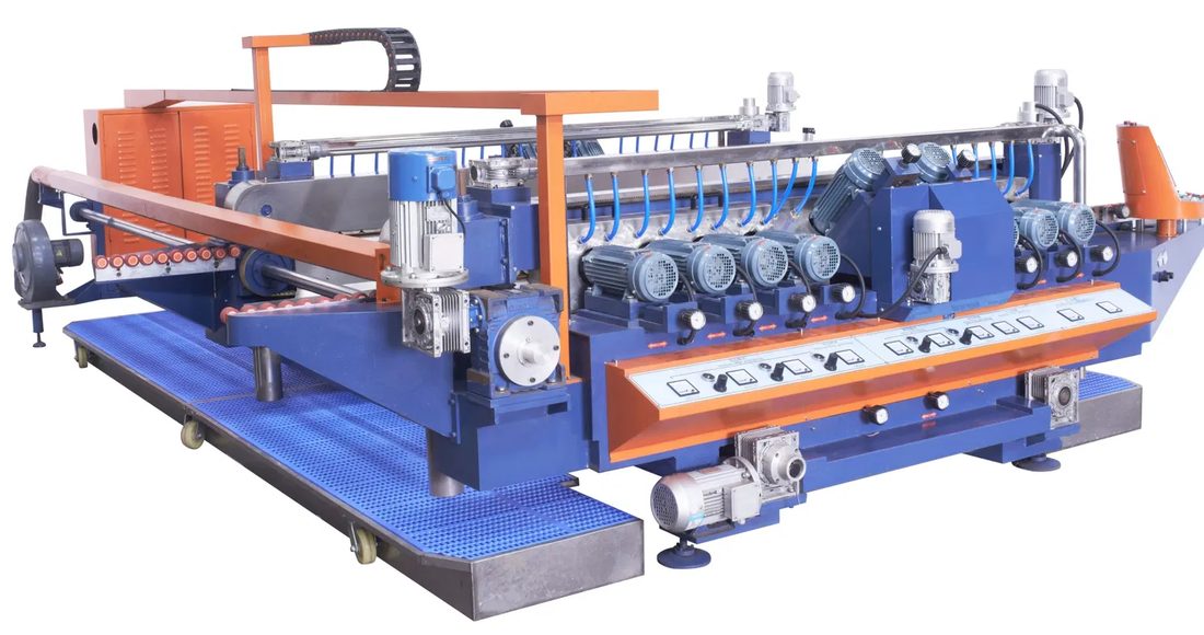 Glass straight-line edging machine on a workshop floor