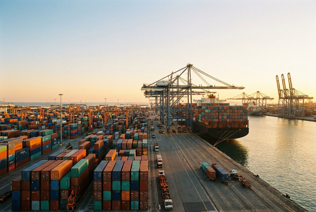 Container ship being loaded at a port with gantry cranes at dusk